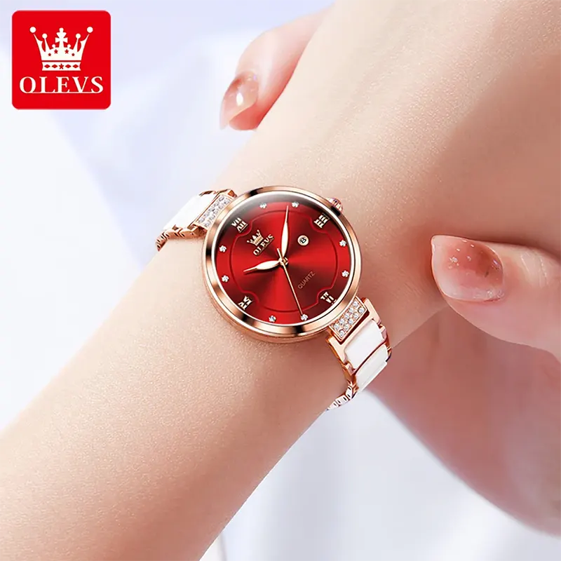 Olevs 5589 Red Dial White Ceramic Luxury Ladies Watch